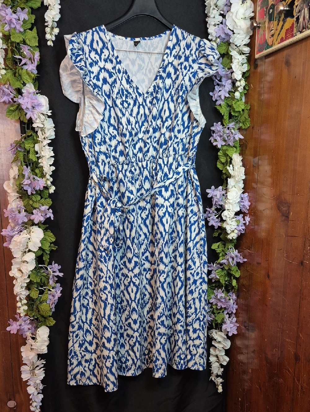 Blue & White Ikat V-Neck Tie-Waist Midi Dress by